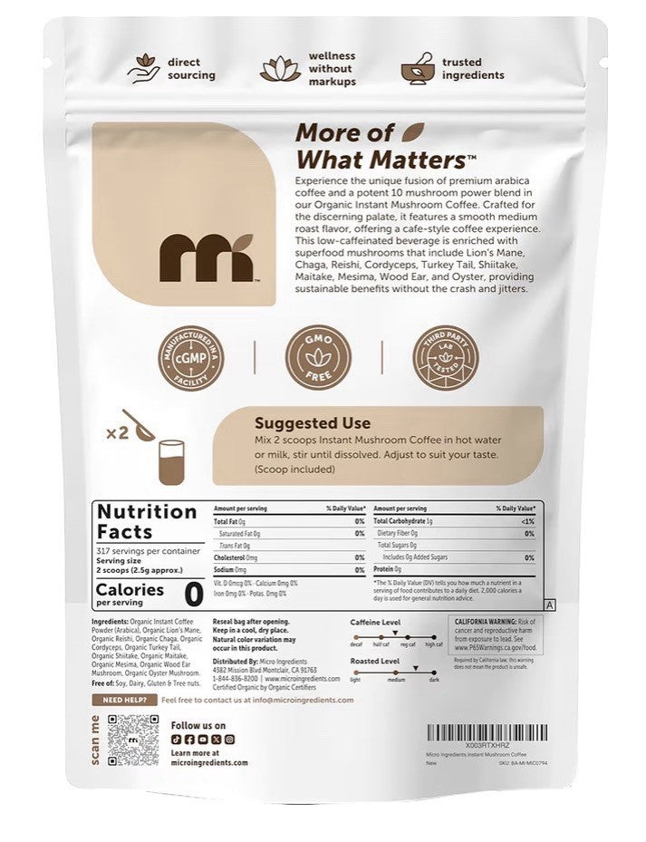 Micro Ingredients Organic Mushroom Coffee Powder 10 Mushrooms Blending 28 oz