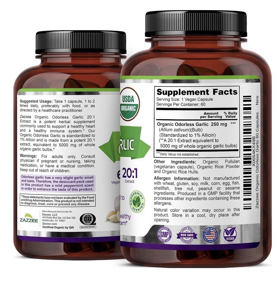 Zazzee Odorless Garlic 1% Allicin Immune Circulation Heart Support 2Month Supply