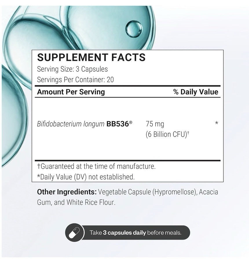 Supersmart Bifidobacterium Longum BB536 Probiotics 6 Billion CFU per Day 60 Caps