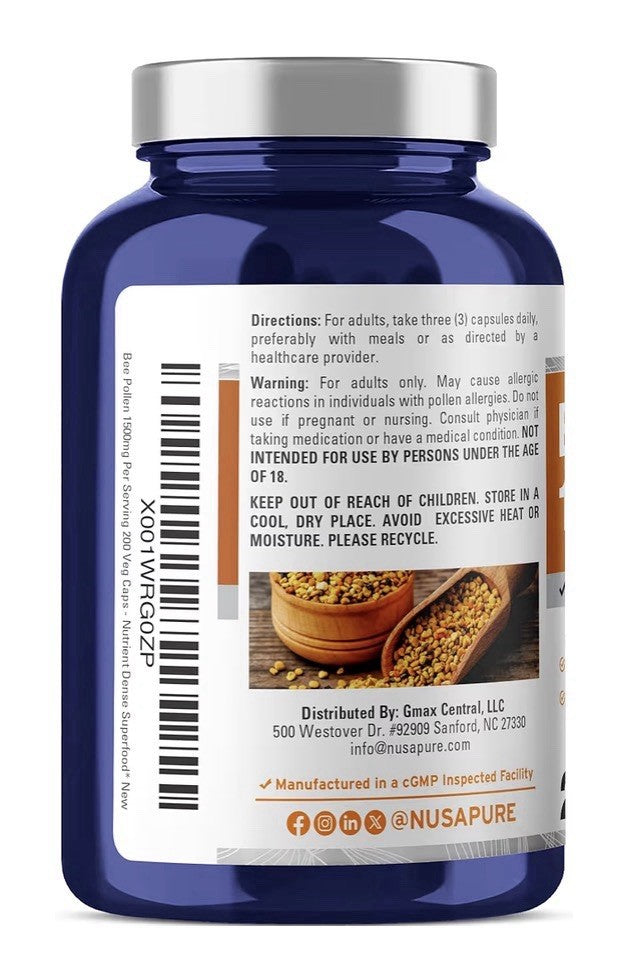 NusaPure Bee Pollen 1500mg 200 Veg Capsules 66 Servings