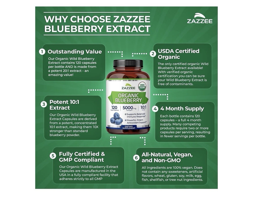 Zazzee Organic Blueberry Supports Immune Antioxidant Cellular 4Month Supply 120c