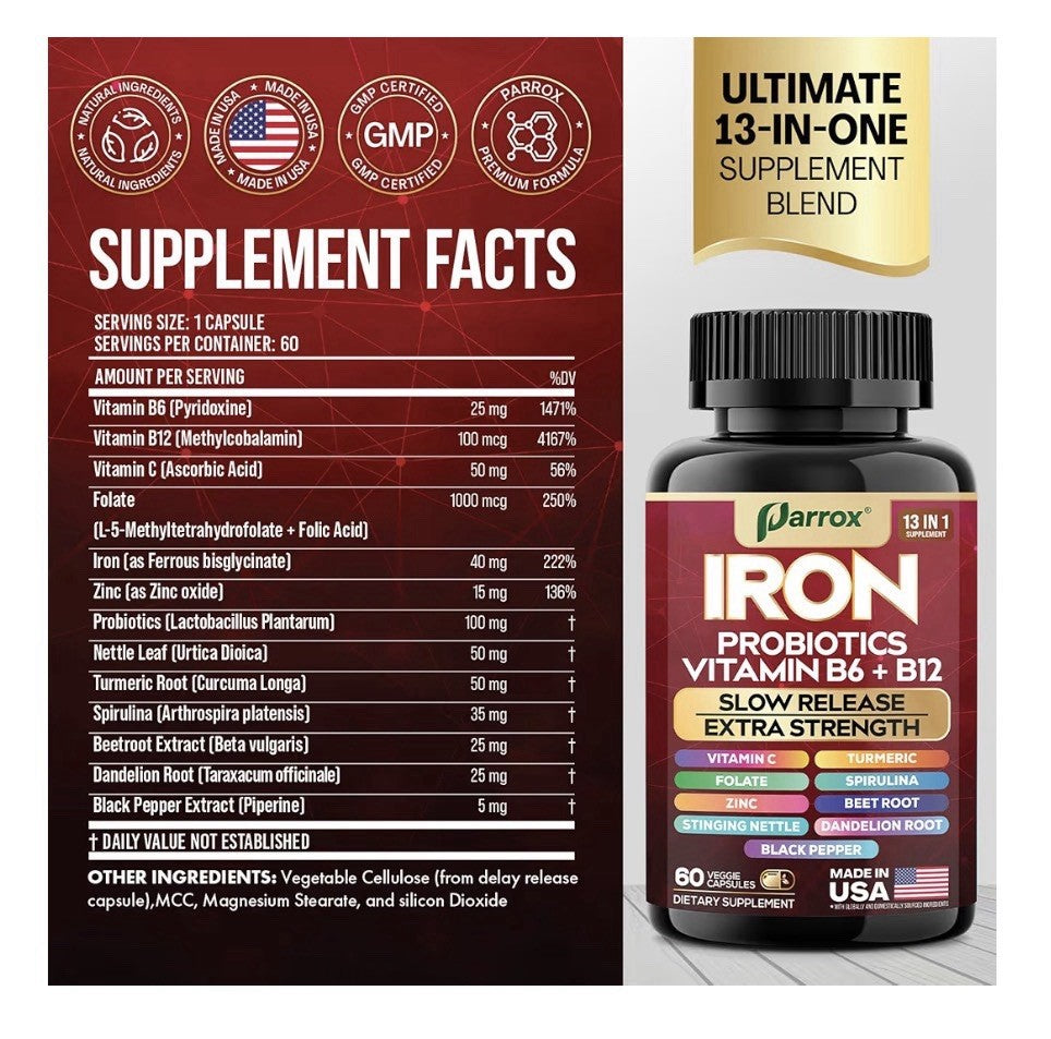 Parrox Iron Probiotics Vitamins B6 + B12 Supplement Extra Strength 60 Capsules