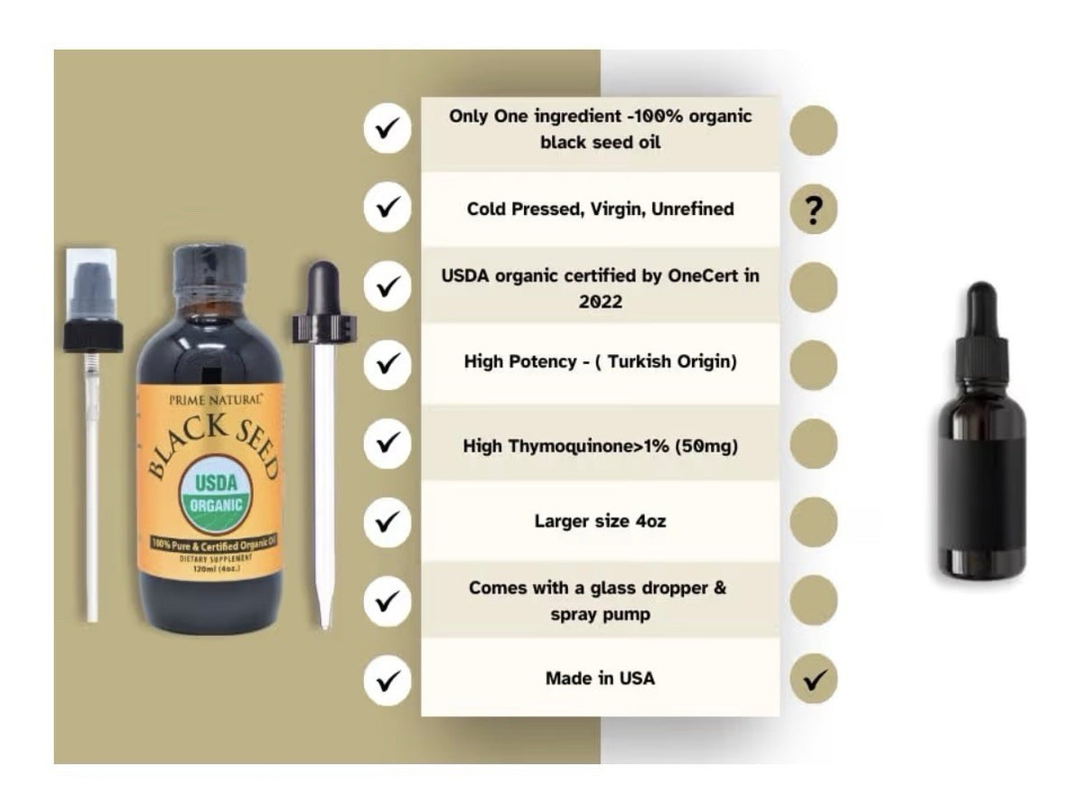 PRIME NATURAL Black Seed Oil Organic Cold Pressed Unrefined 4oz Nigella Sativa