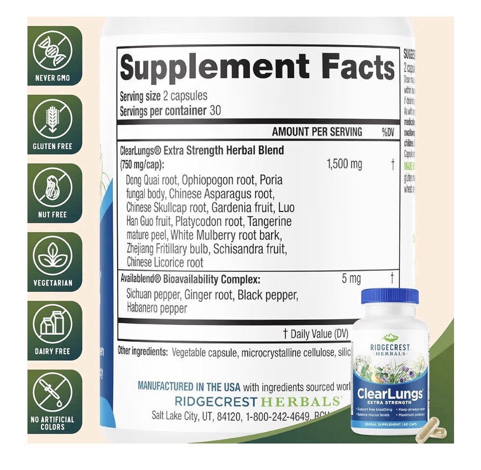 RidgeCrest Herbals ClearLungs Extra Strength Respiratory Keep Airways Open 60cap