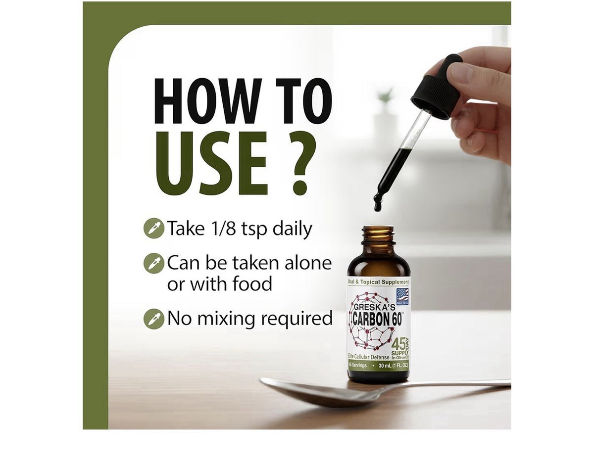 Greska's Carbon-60 Organic Olive Oil Health Energy Vitality Focus 45 Day Supply