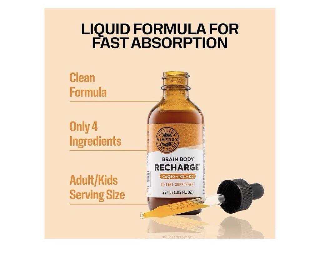 2 Pack VIMERGY Brain Body Recharge CoQ10 + K2 + D3 Cellular Energy Liquid Drops