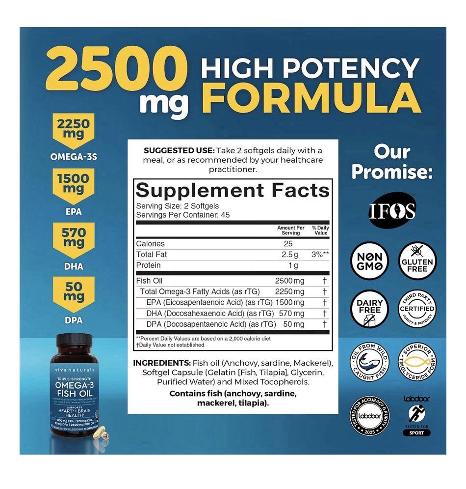 Viva Naturals Omega 3 Fish Oil Triple Strength EPA DHA For Women & Men 90softgel