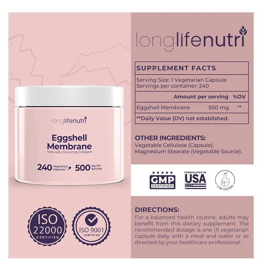 LongLifeNutri Eggshell Membrane 500mg Per Serving Joint Function Comfort 240Caps