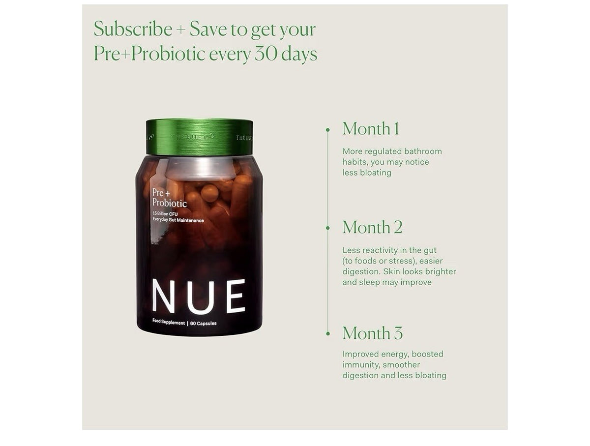 Nue Pre + Probiotic Everyday Gut Maintenance 15 Billion CFU Supplement 60Capsule