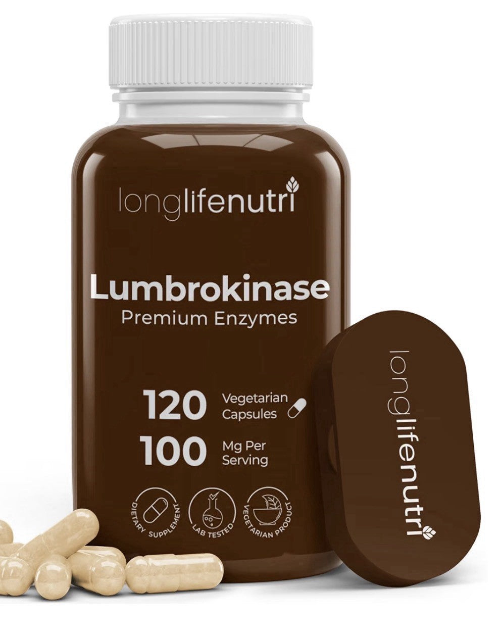 LongLifeNutri Lumbrokinase Premium Enzymes Supplement 100mg Per Serving 120 Caps