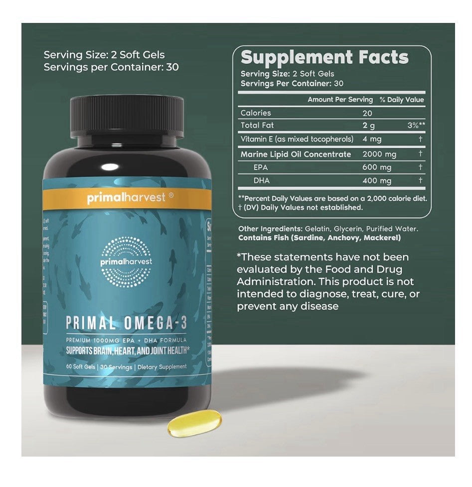 Primal Harvest Omega-3 EPA DHA Supports Brain Heart Joints Health 60 Softgels