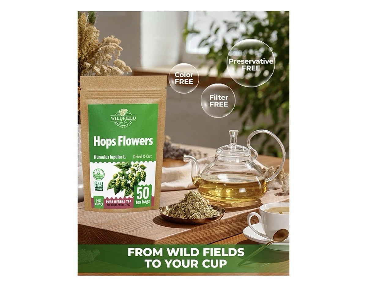 Wildfield Hops Flower Tea Dried Herbal (Humulus Lupulus) Lupulo Entero 50TeaBags
