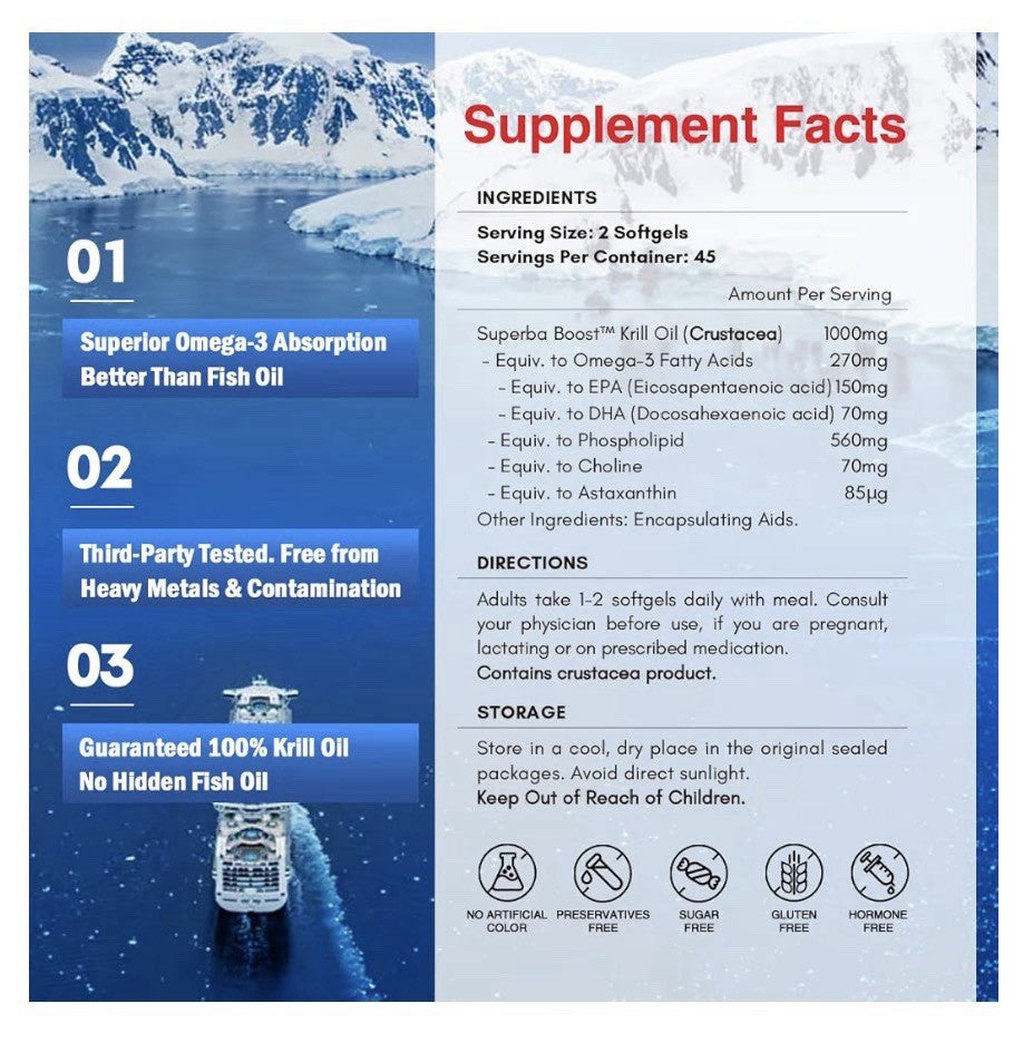 NYO3 Krill Oil Omega 3 Supplement 1000mg EPA DHA Pure Antarctic Krill 90 Softgel