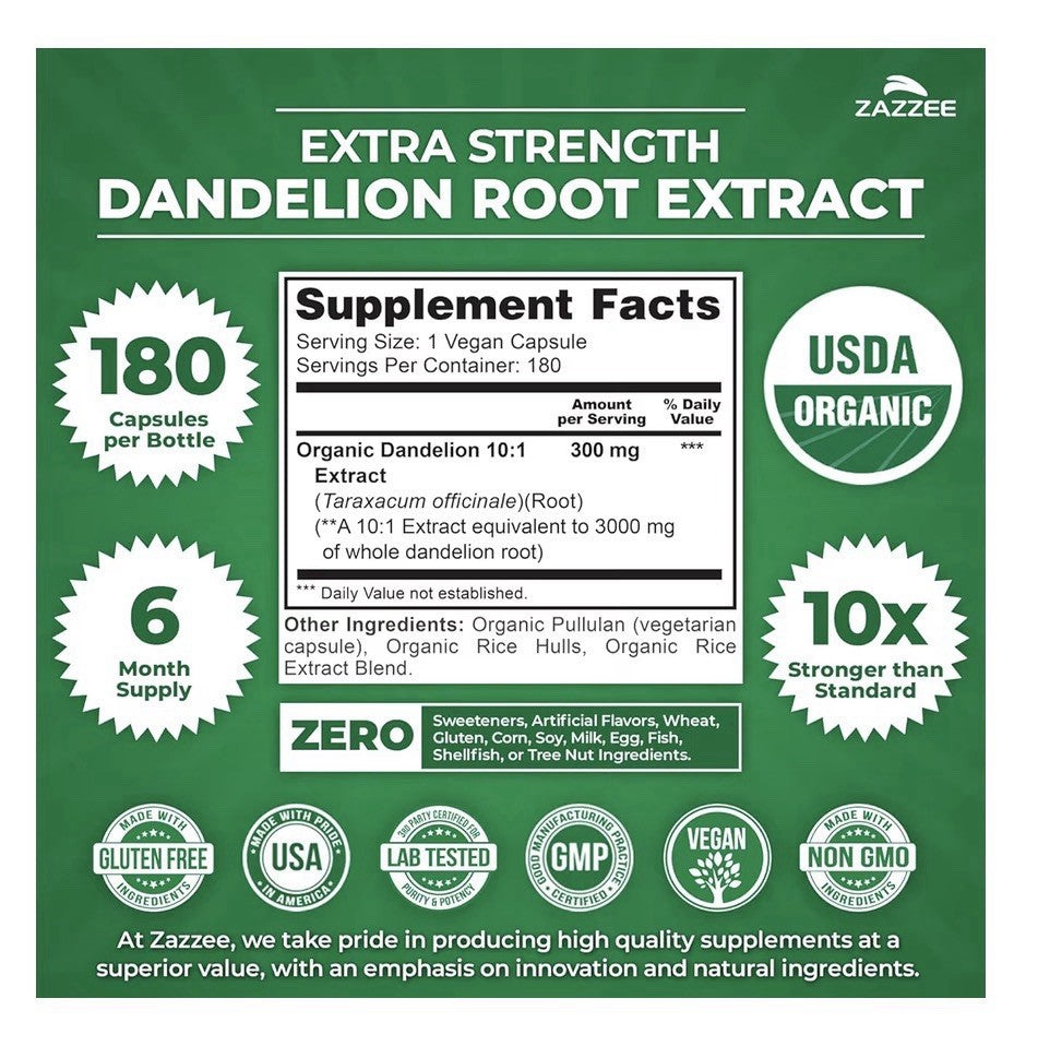 Zazzee Dandelion Root Digestive Water Balance Liver Support 6 Month Supply 180ca