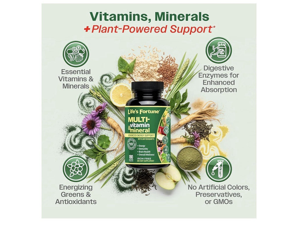 Life's Fortune Multivitamin Mineral Energy Immunity Brain Overall Wellness 180Ta