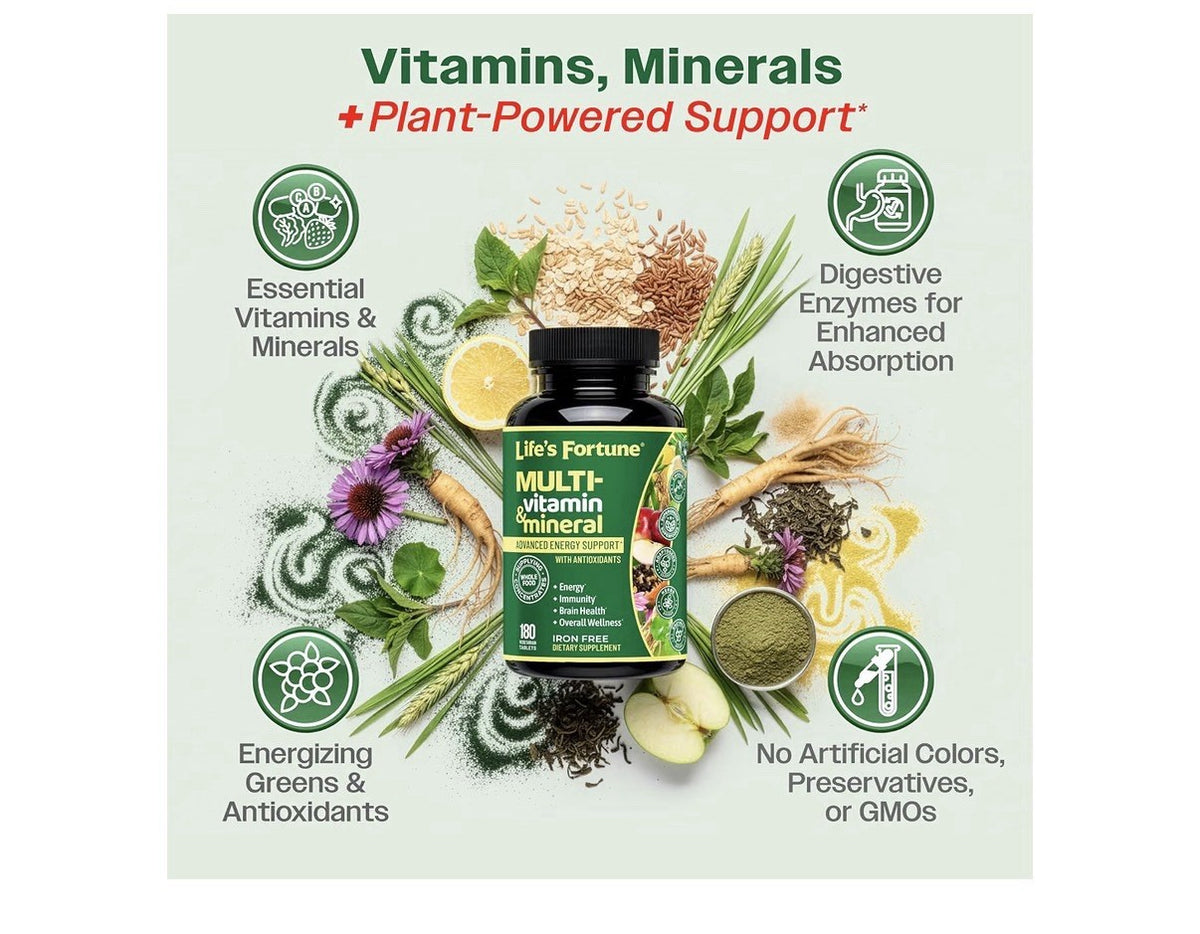 Life's Fortune Multivitamin Mineral Energy Immunity Brain Overall Wellness 180Ta