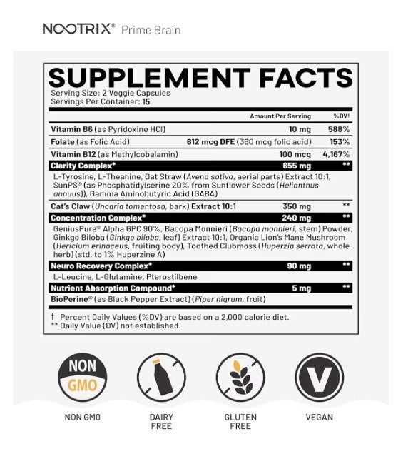 Nootrix Brain Boost Nootropic Supplement Memory Focus Cognitive Support 30 Caps