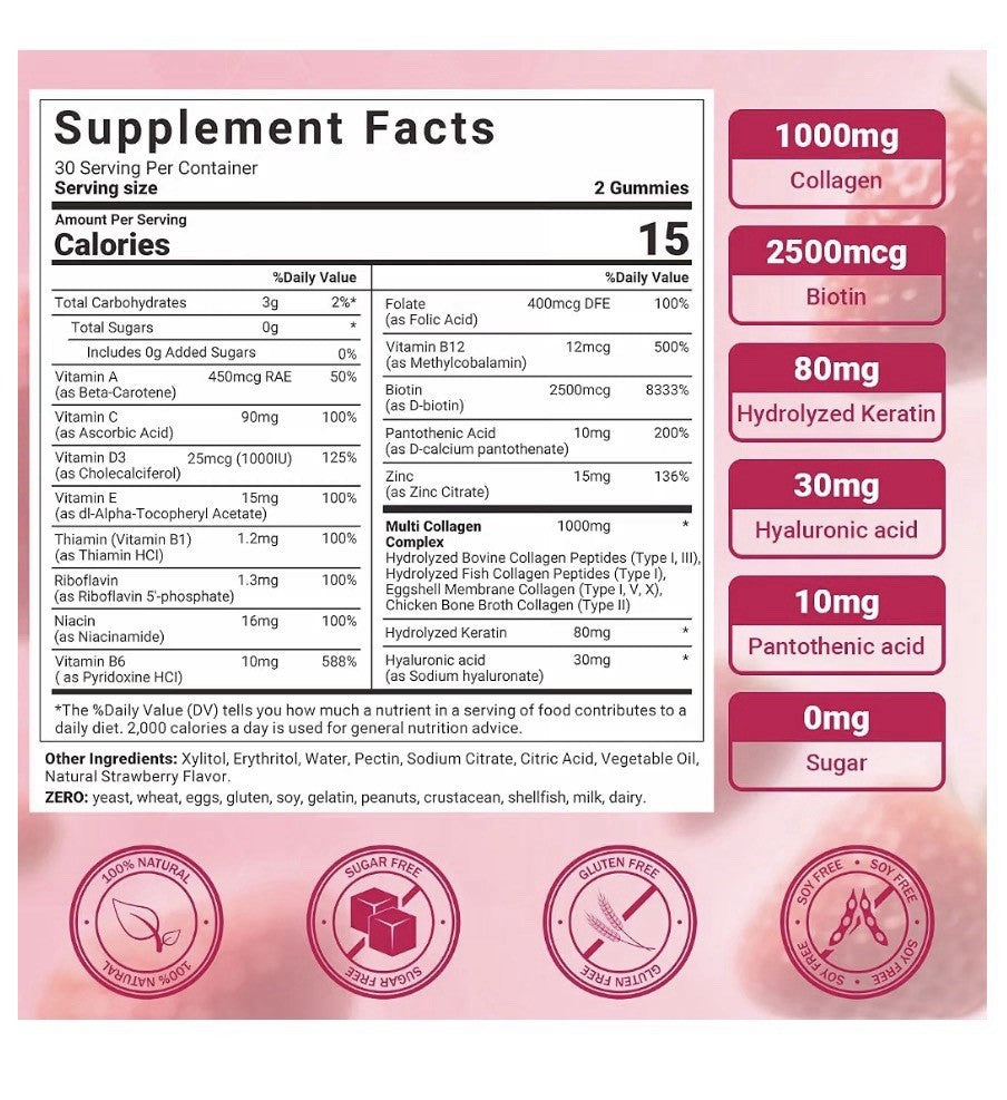 Wiszeen Collagen Peptides Gummies for Women Hydrolyzed with Biotin 60 Gummies