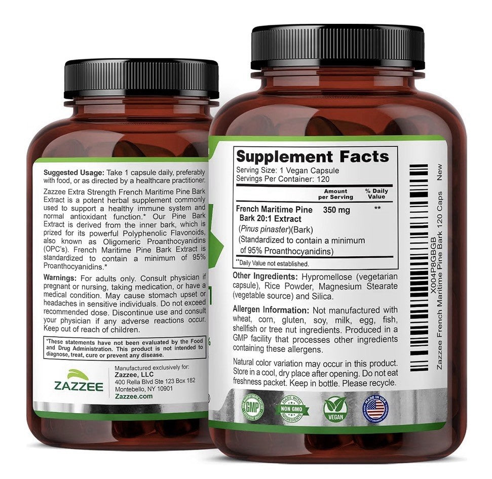Zazzee French Maritime Pine Bark 95% Proanthocyanidins 4Month Supply 120Capsules