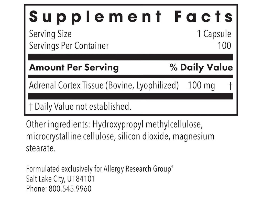 Allergy Research Group ARG Adrenal Cortex 100mg Natural Glandular 100 Capsules
