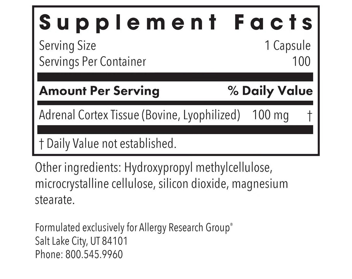 Allergy Research Group ARG Adrenal Cortex 100mg Natural Glandular 100 Capsules