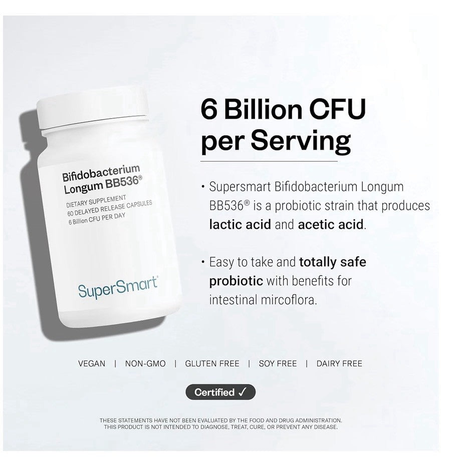 Supersmart Bifidobacterium Longum BB536 Probiotics 6 Billion CFU per Day 60 Caps