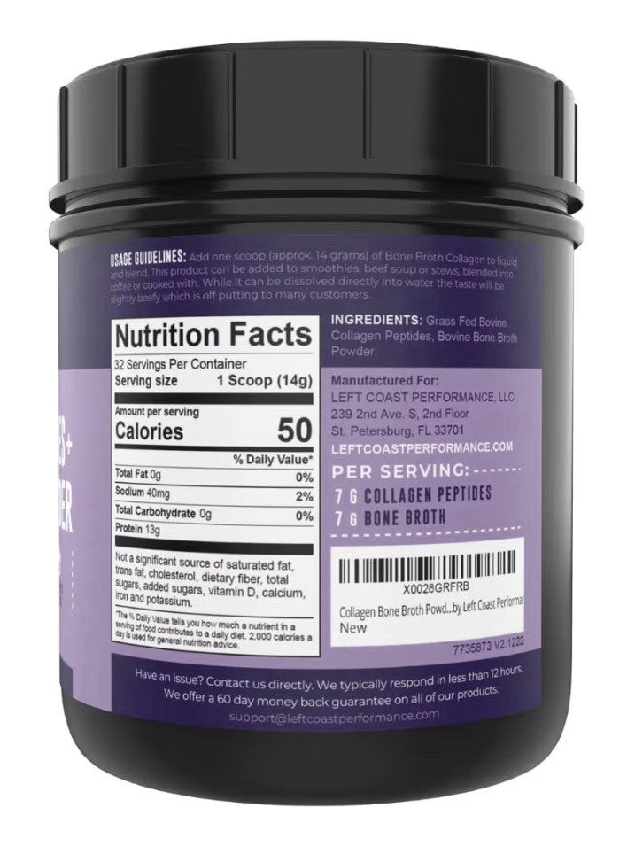 Left Coast Performance Collagen Peptides + Bone Broth Powder Grass Fed 1lb