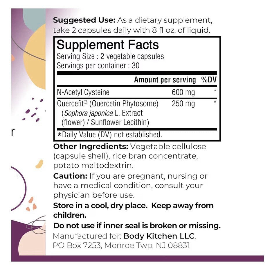 Body Kitchen MEGA NAC + Quercetin L-Glutathione Precursor Detox Immune 60 Caps