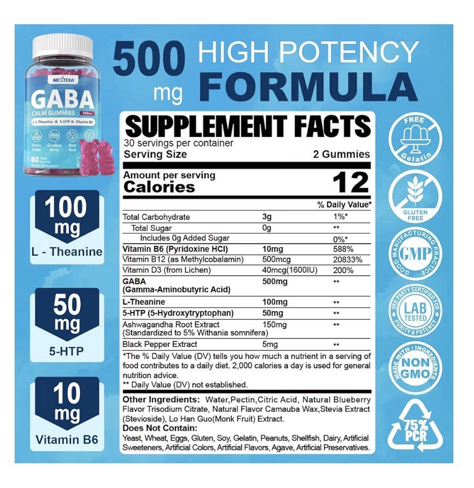 2 Pack Nextdia GABA Calm Gummies 500 mg with L Theanine 5-HTP Vitamins B6