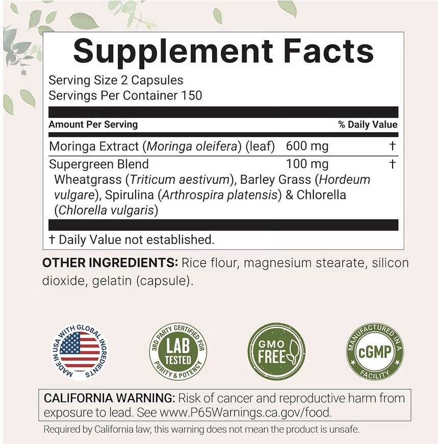 Micro Ingredients Moringa Oleifera with Supergreens 300 Capsules