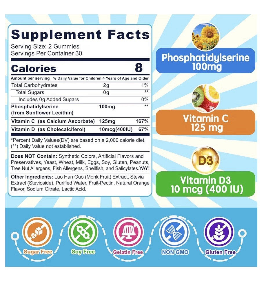 Nextdia Memory & Focus Kids Ages 4+ Phosphatidylserine Vitamin With D3 & C 2Pack