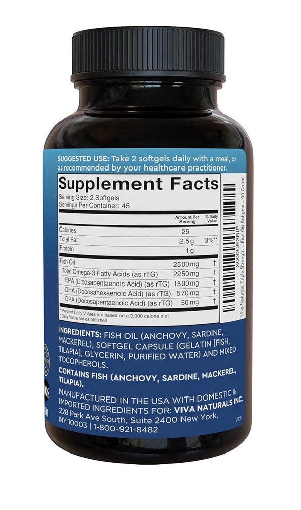 Viva Naturals Omega 3 Fish Oil Triple Strength EPA DHA For Women & Men 90softgel