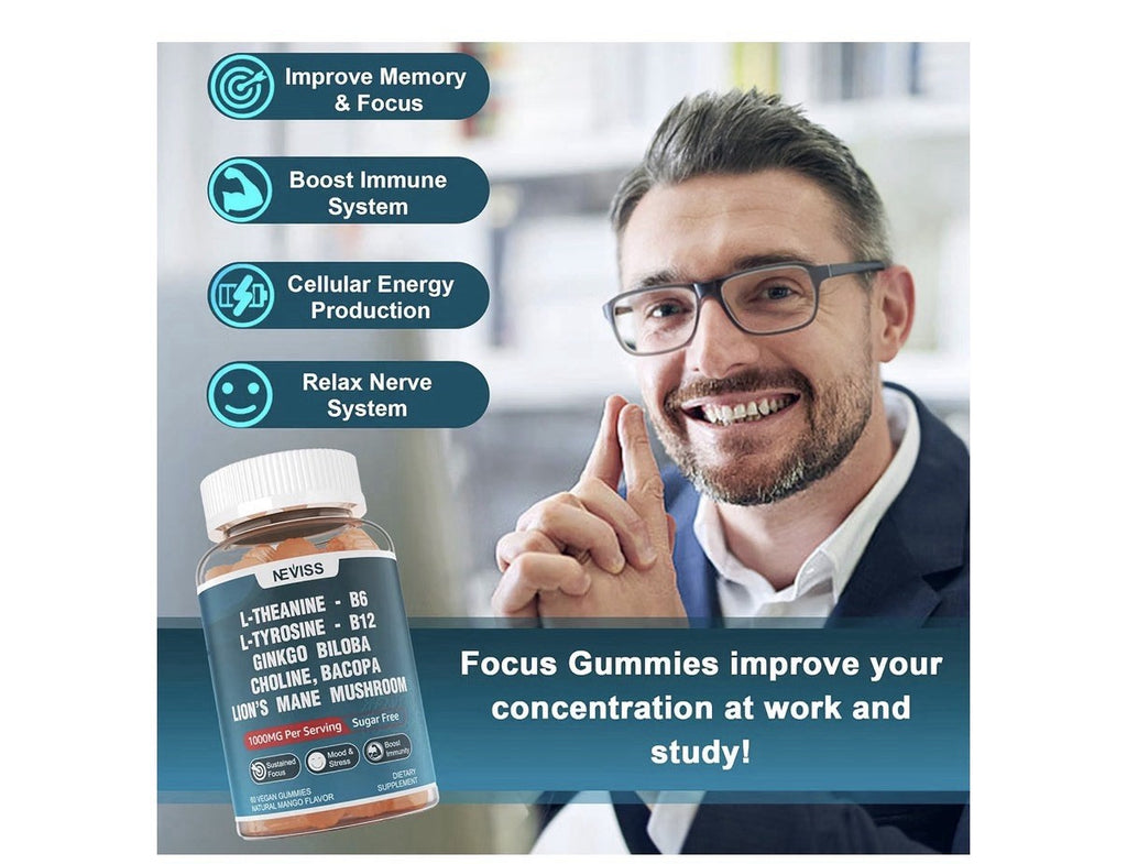 Neviss L-Tyrosine Gummies L-Theanine B12 B6 Brain Health Focus 2 Pack Gummies