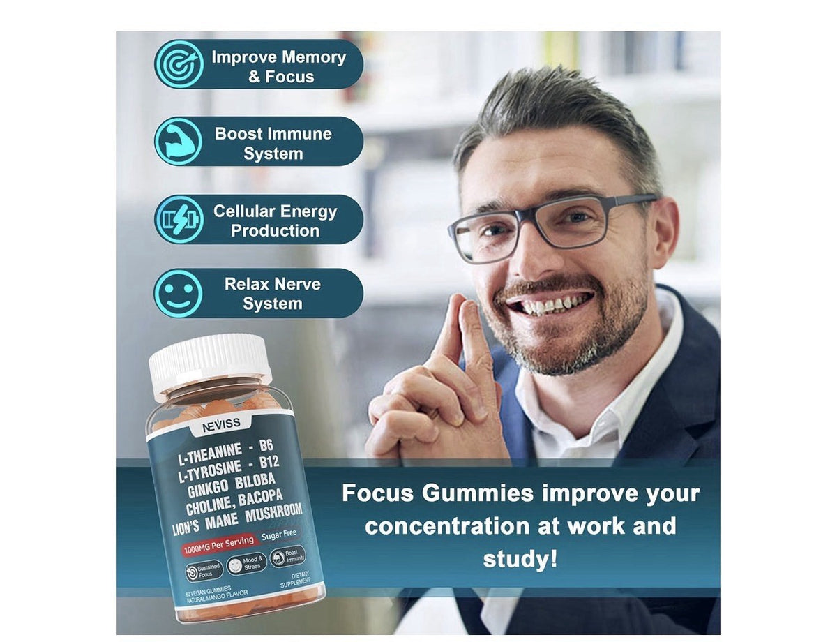 Neviss L-Tyrosine Gummies L-Theanine B12 B6 Brain Health Focus 2 Pack Gummies