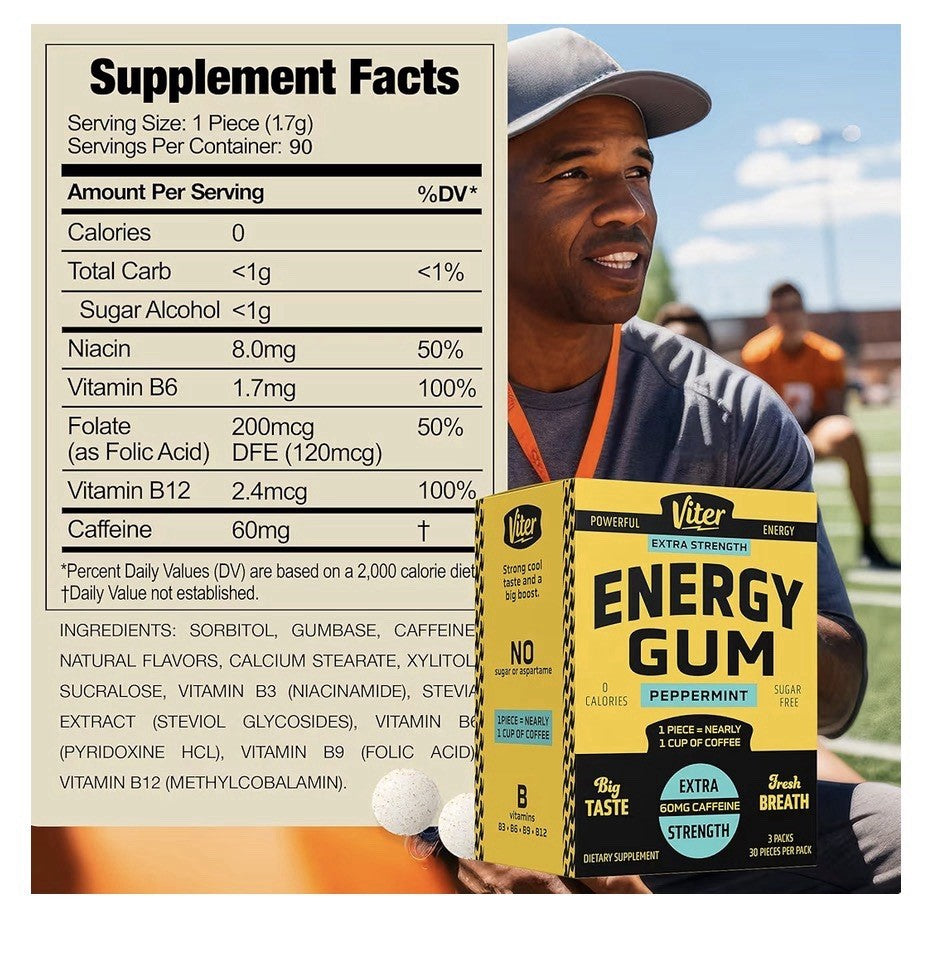 3 Pack Viter Energy Gum Peppermint Vitamin B3 B6 B9 B12 Caffeinated Total 90pcs