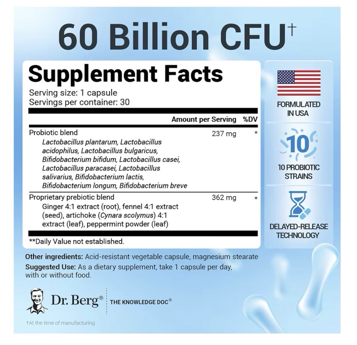 Dr. Berg Probiotics Probiotic Blend 60 Billion CFUs  For Digestive Health 30caps