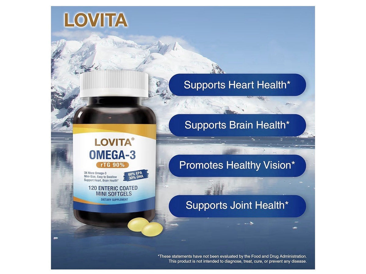 LOVITA Omega-3 Fish Oil rTG 90% Heart Brain Health Support For Women Men 120sgel