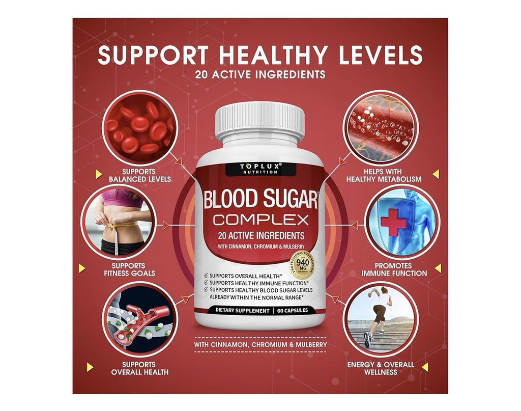 Toplux Blood Sugar Complex 20 Active Ingredients Supports Overall Health 60 Caps