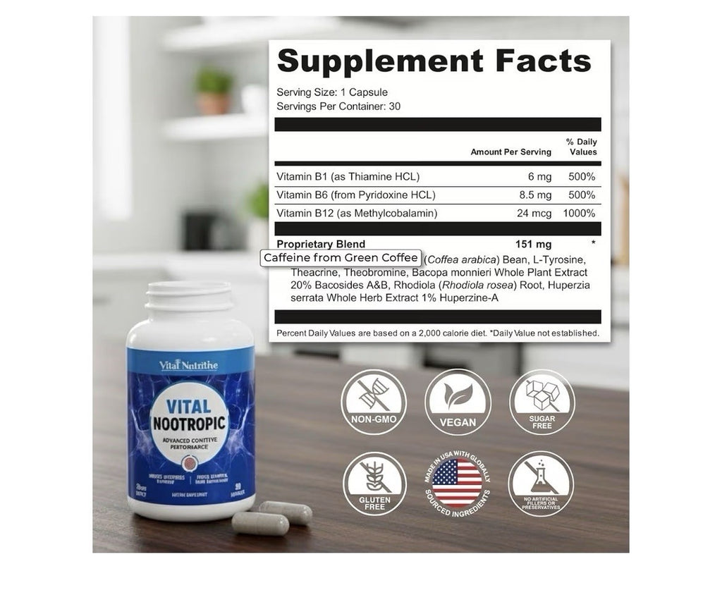 VITAL NUTRITIVE Vital Nootropic Brain Supplement Memory Focus Energy Support 30c