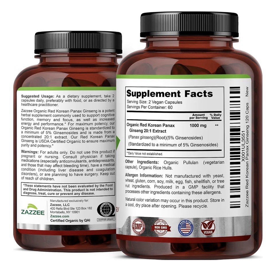 Zazzee Red Korean Panax Ginseng Energy And Performance Support 120 Capsules