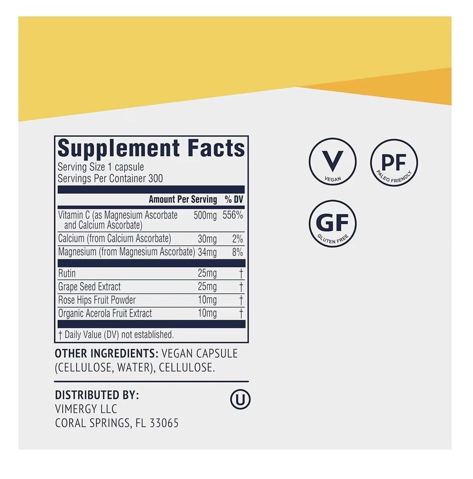 Vimergy Micro-C Vitamin C Capsules 500mg per Capsule Bones Immune Support 300cap