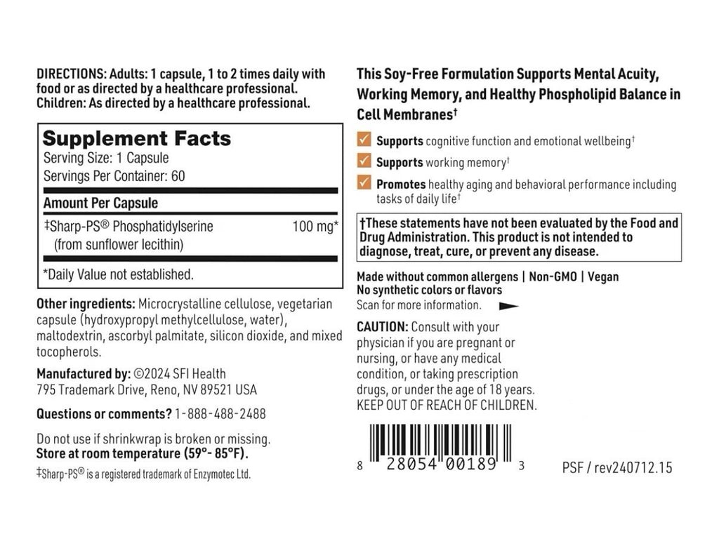 SFI Health SeraBella Support Brain Function Mental Clarity Memory Cognitive 60ca