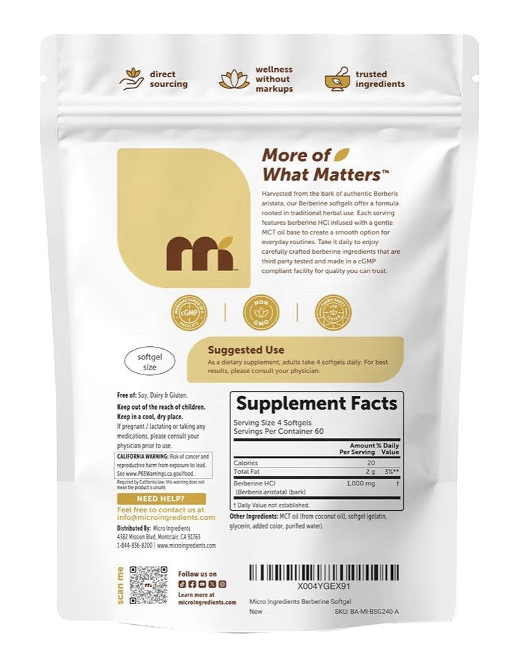 Micro Ingredients Berberine 1000mg with Mct Oil High Bioavailable 240 Softgels