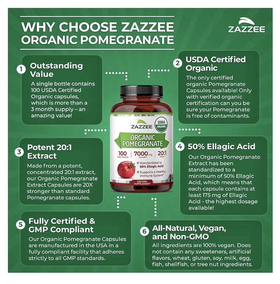 Zazzee Organic Pomegranate 50% Ellagic Acid Immune System Support 100 Capsules