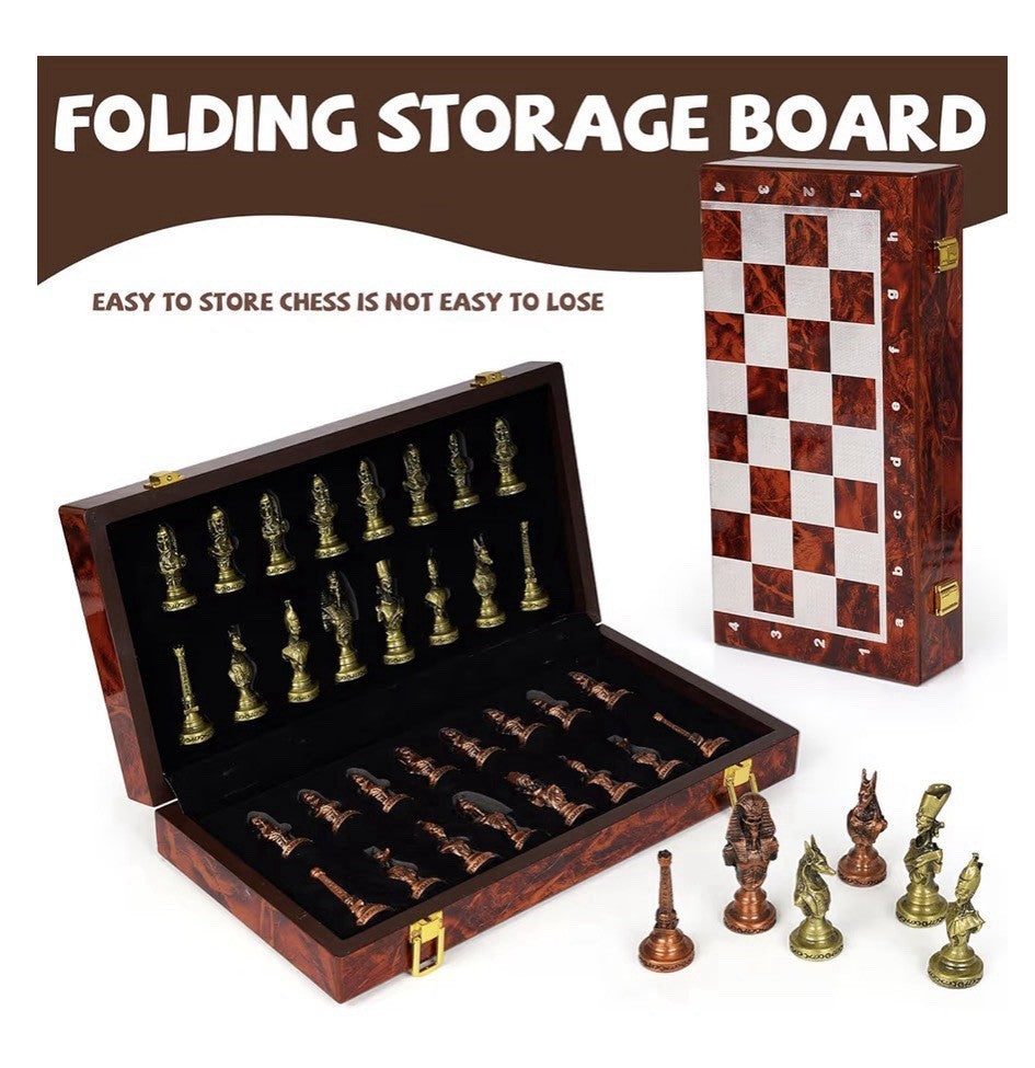 Agirlgle Large Egyptian Metal Chess Set for Adults 15 Inch Foldable Wooden Board