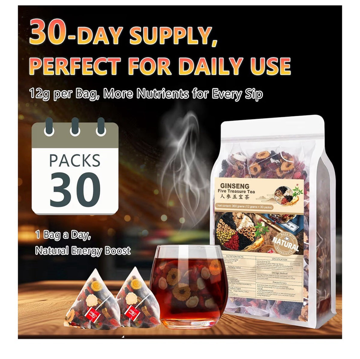 Teeo Deeo Ginseng Five Treasure Kidney Detox Herbal 7 Ingredients Blend 30Teabag