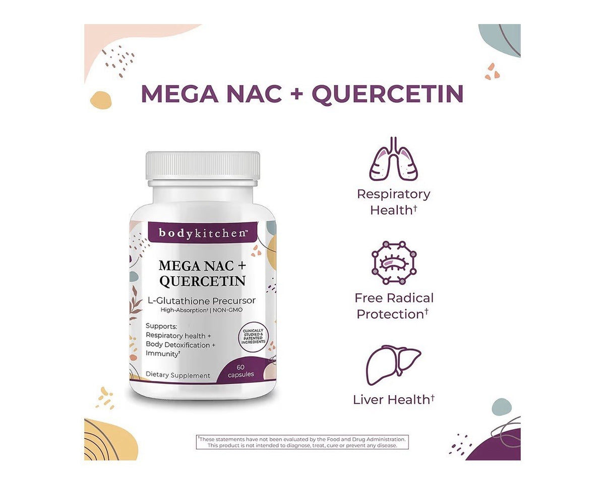 Body Kitchen MEGA NAC + Quercetin L-Glutathione Precursor Detox Immune 60 Caps