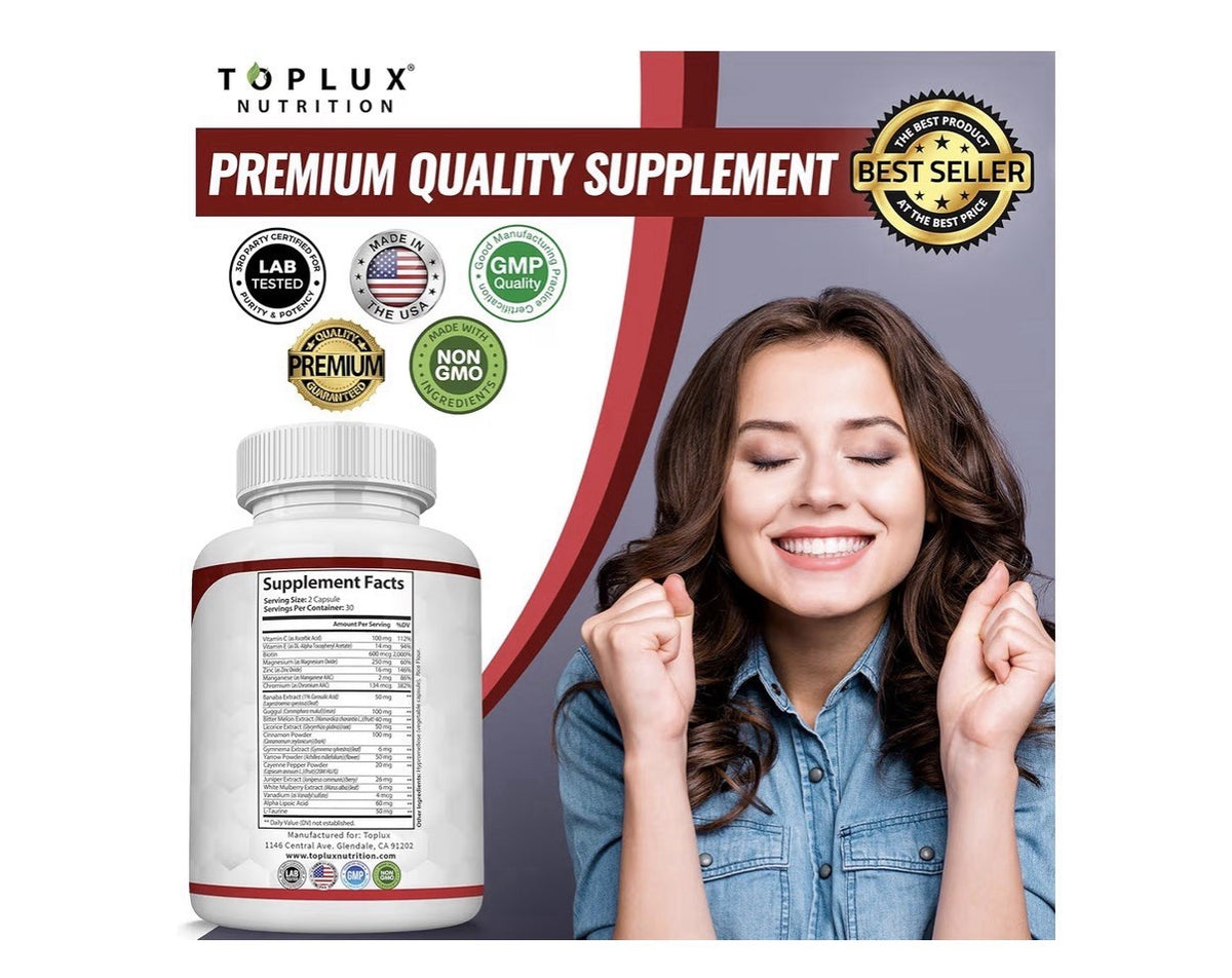 Toplux Blood Sugar Complex 20 Active Ingredients Supports Overall Health 60 Caps