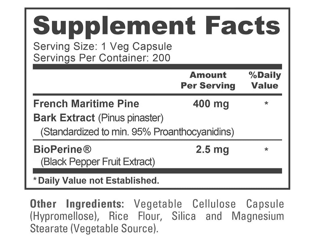 NusaPure French Maritime Pine Bark Extract 400mg 200 Veg Capsules 200 Servings