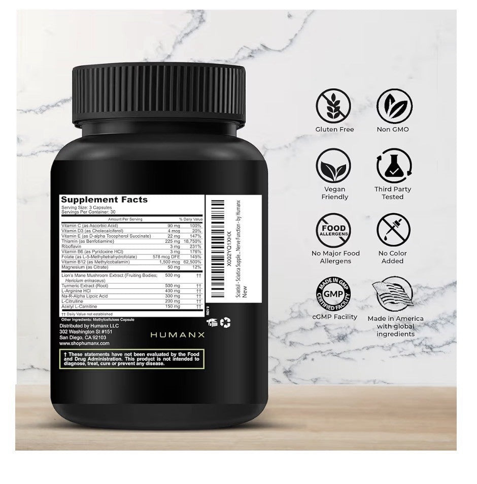HUMANX Sciatica Nerve Function Support Supplement Healthy Back Leg Feet Hips 90c